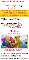 Etreillers se mobilise pour le Téléthon sur une marche conviviale le dimanche 24 novembre à 9h30 devant la salle des fêtes pour soutenir la recherche scientifique sur les maladies raresDans la convivialité 6 kilomètres Infos 06/44/01/66/82 � 3€ de participation pour le téléthon Animée par Lubart franck médaille de bronze de la Fédération Sportive des ASPTT, agréée par le ministère chargé des Sports et membre du Comité National Olympique et Sportif Français Encadrement des groupes agirc acco retraité du privé professionnel du sport Restauration sur place vin chaud tartiflette tarte aux pommes � N’hésitez pas à venir nombreux(ses) et à partager